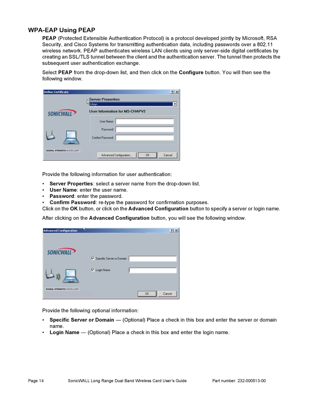 SonicWALL Wireless Card manual WPA-EAP Using Peap 