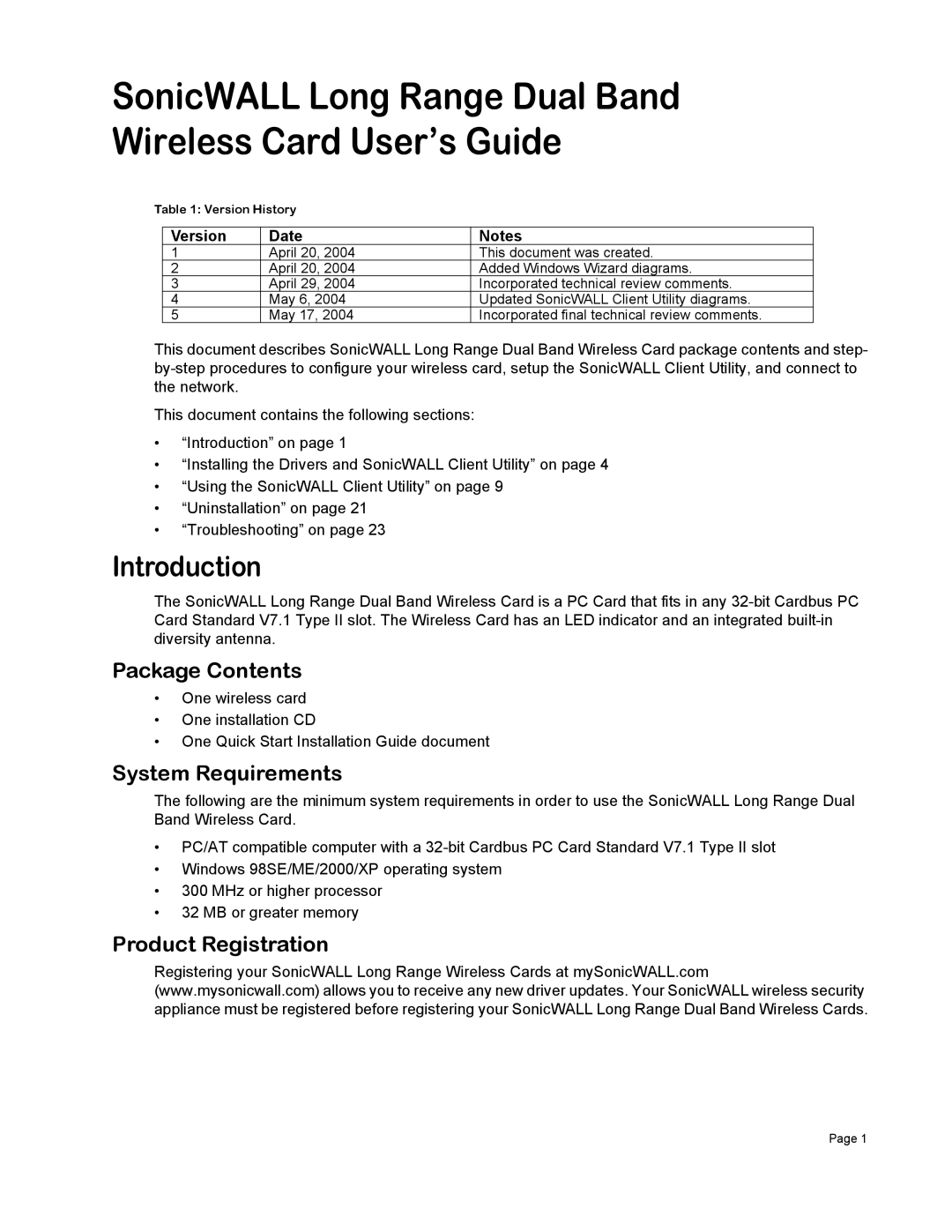 SonicWALL Wireless Card manual Introduction, Package Contents, System Requirements, Product Registration 