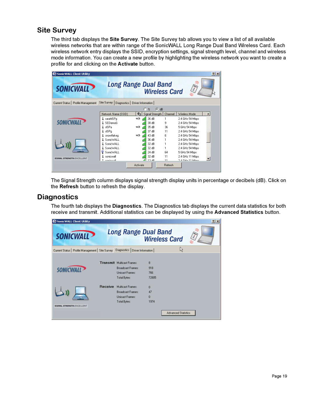 SonicWALL Wireless Card manual Site Survey, Diagnostics 