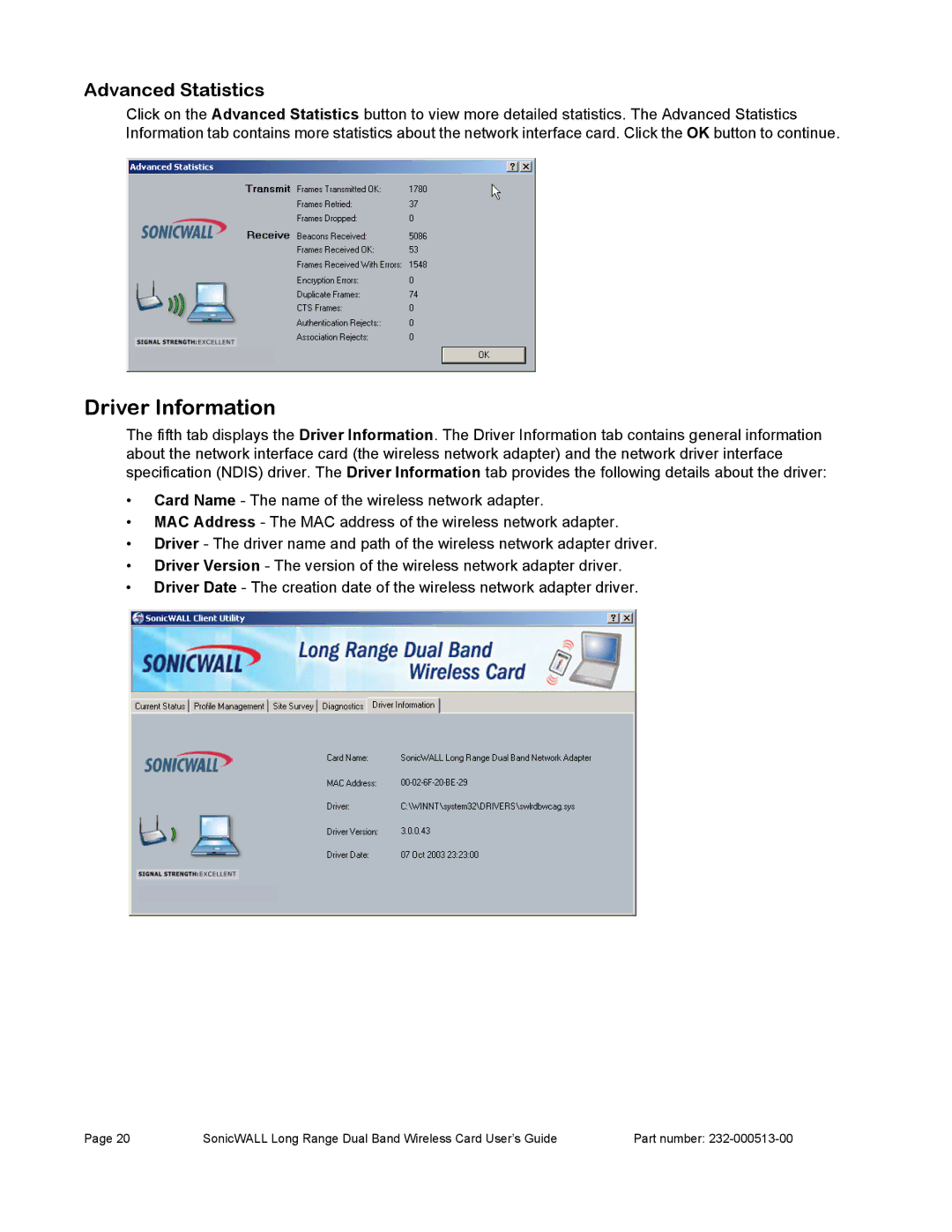 SonicWALL Wireless Card manual Driver Information, Advanced Statistics 