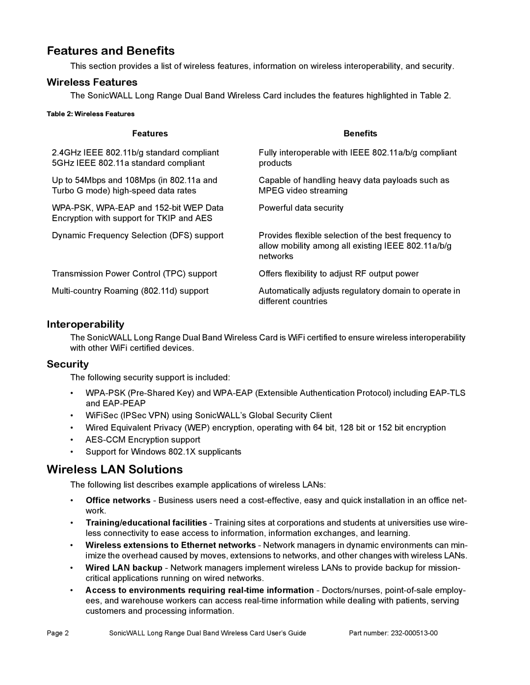 SonicWALL Wireless Card manual Features and Benefits, Wireless LAN Solutions, Wireless Features, Interoperability, Security 