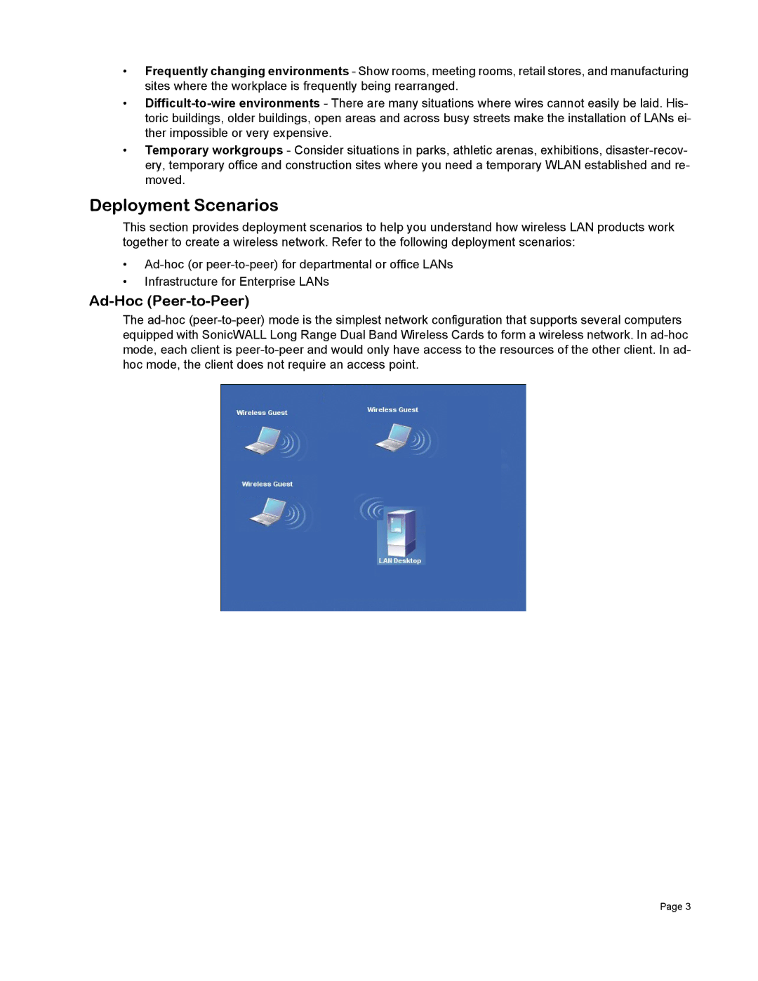 SonicWALL Wireless Card manual Deployment Scenarios, Ad-Hoc Peer-to-Peer 