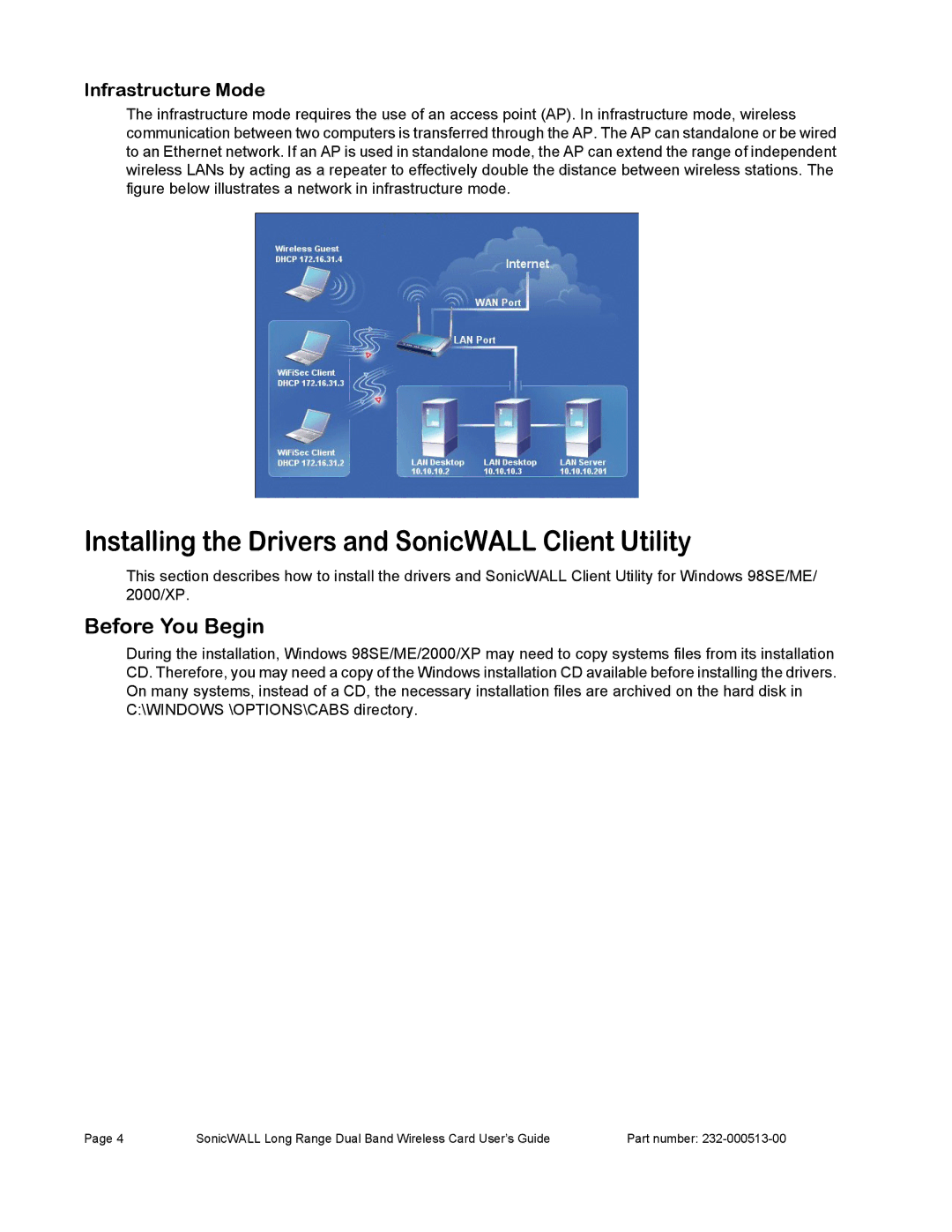 SonicWALL Wireless Card manual Installing the Drivers and SonicWALL Client Utility, Before You Begin, Infrastructure Mode 