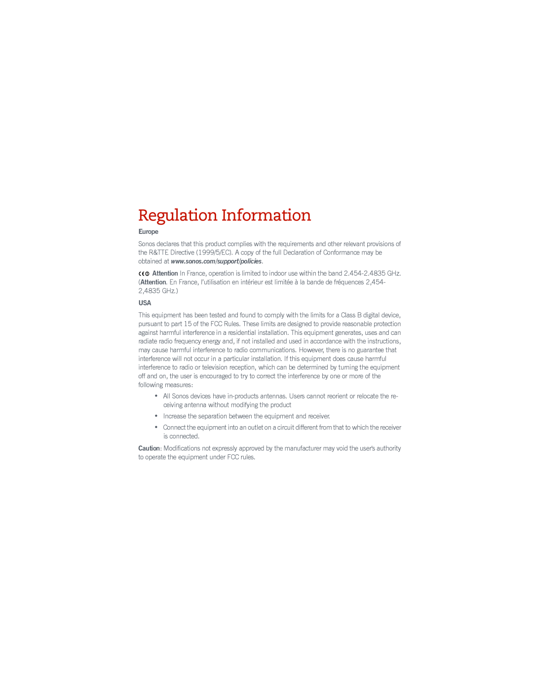 Sonos 200 manual Regulation Information, Europe 