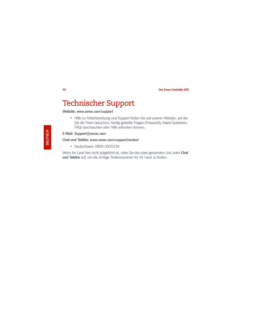 Sonos 200 manual Technischer Support, E-Mail: Support@sonos.com, Svenska Nederlands Deutsch English 