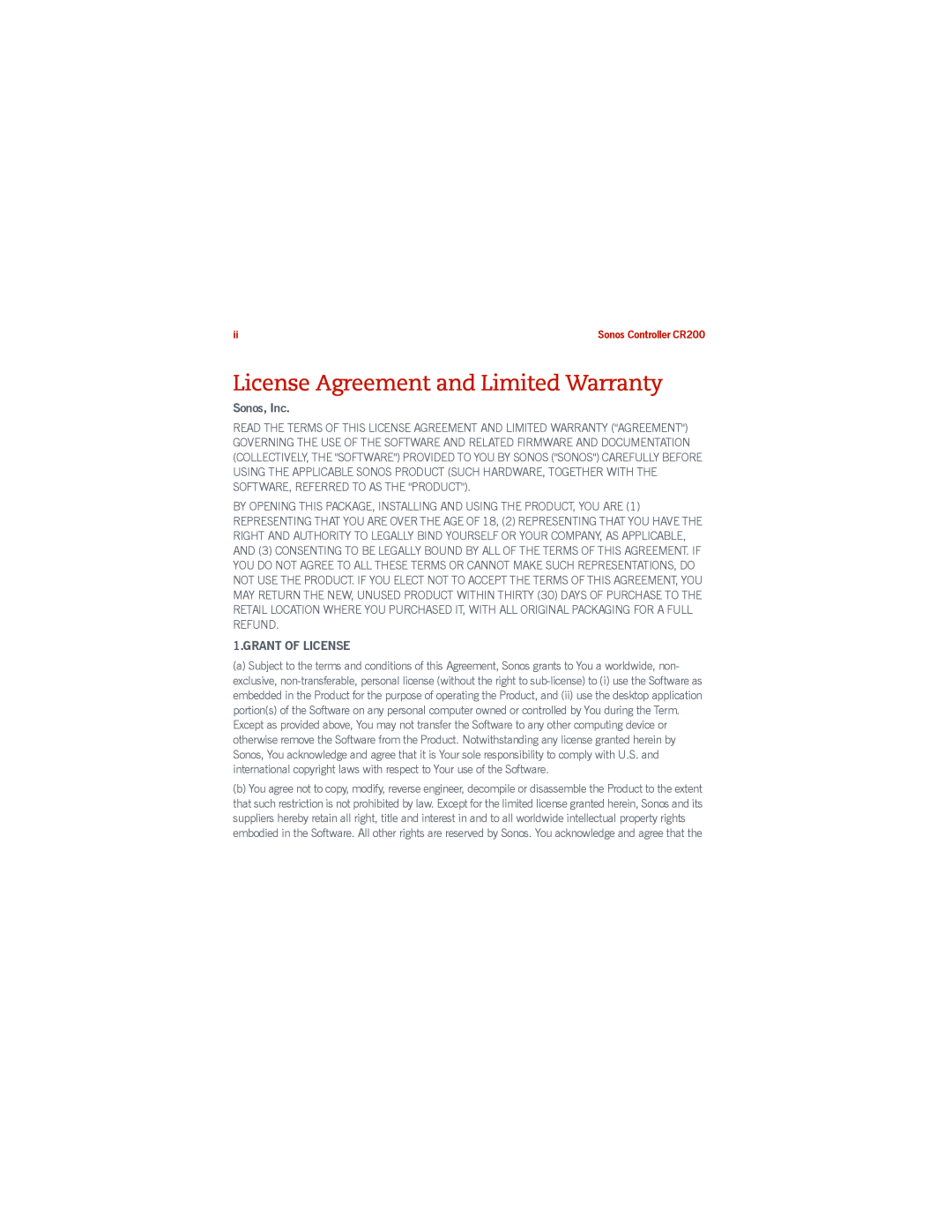 Sonos 200 manual License Agreement and Limited Warranty, English, Sonos, Inc, Grant Of License 