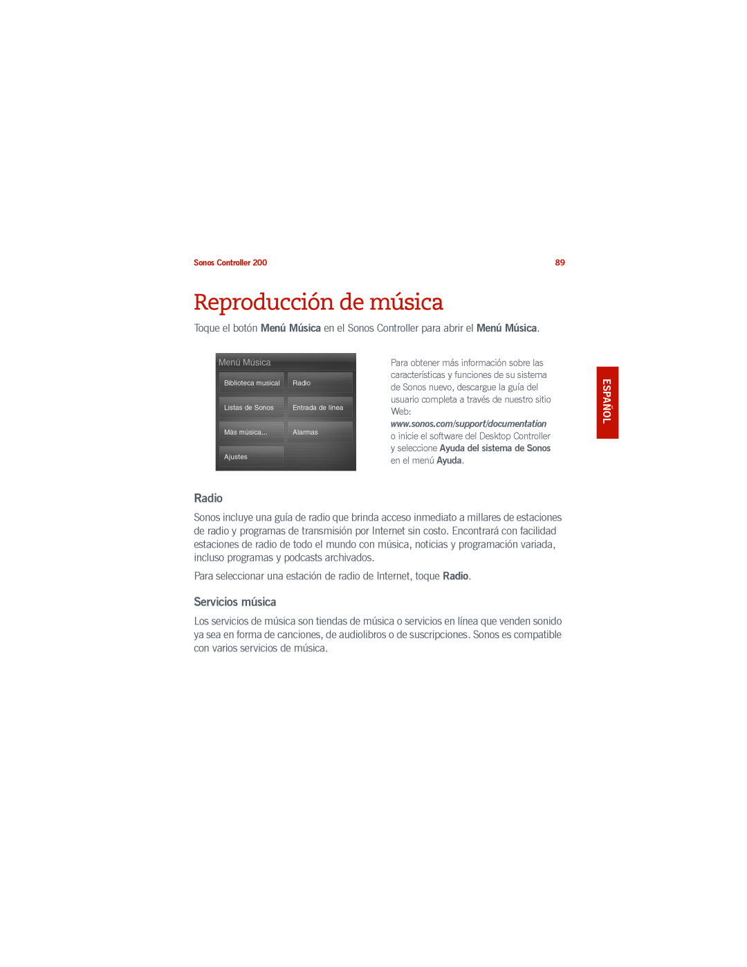 Sonos 200 manual Reproducción de música, Radio, Servicios música 