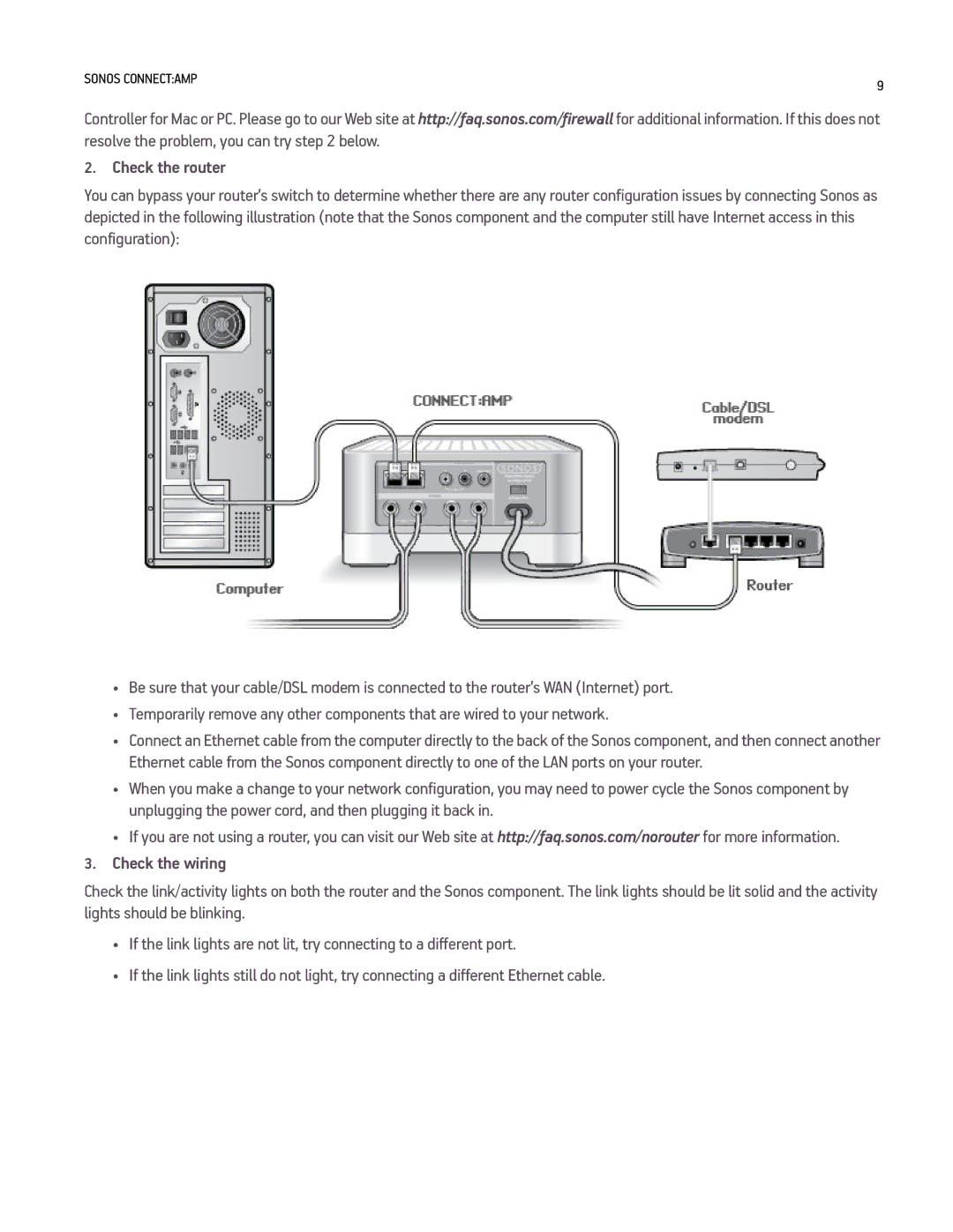 Sonos CONNECTAMP manual Check the router, Check the wiring 