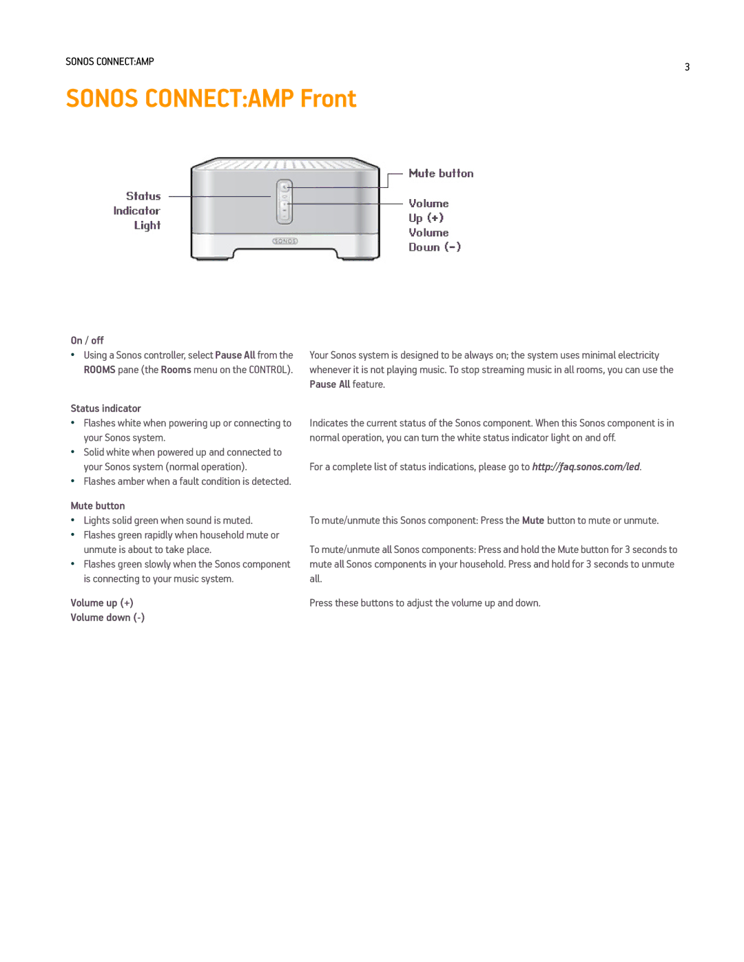 Sonos CONNECTAMP manual Sonos Connectamp Front, On / off 