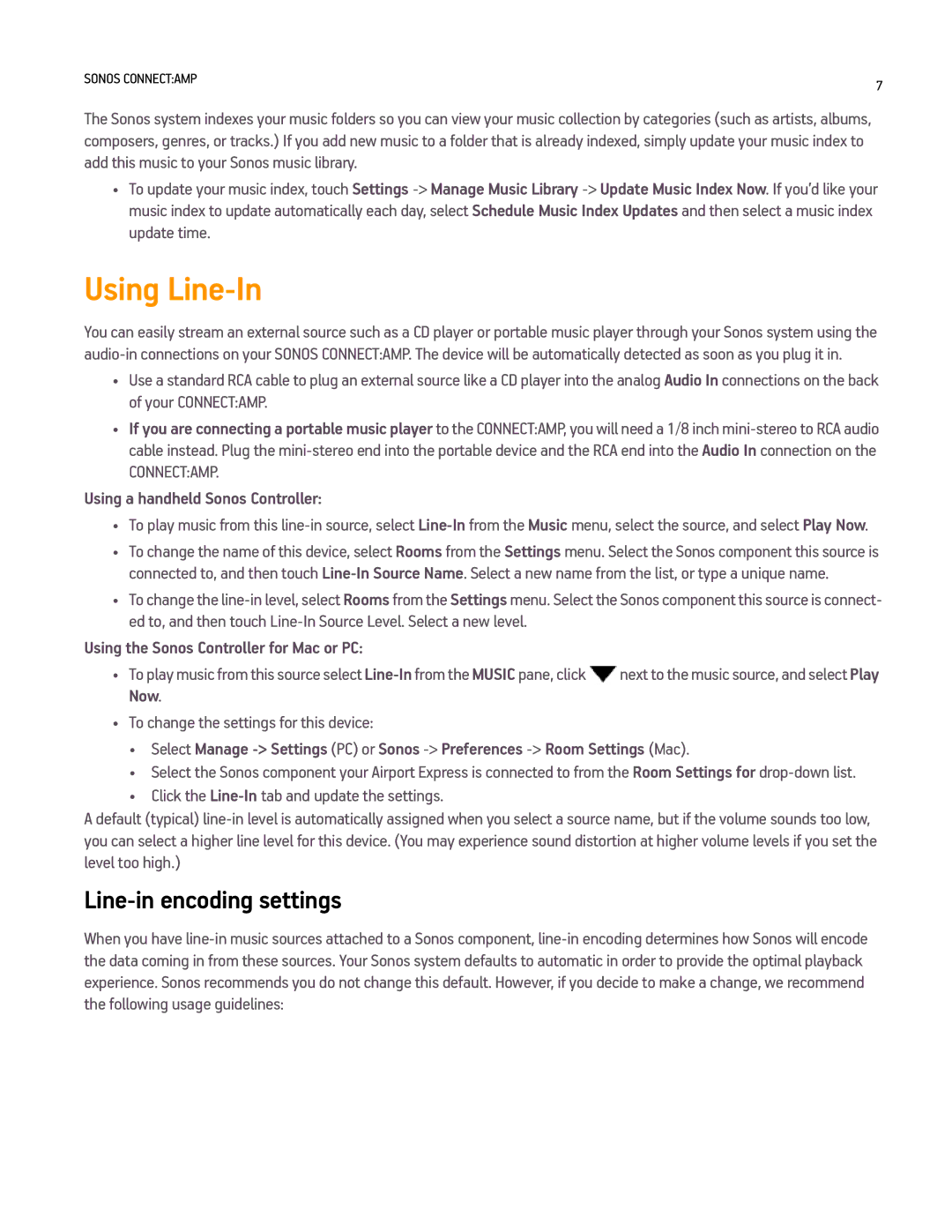 Sonos CONNECTAMP manual Using Line-In, Line-in encoding settings, Using a handheld Sonos Controller 