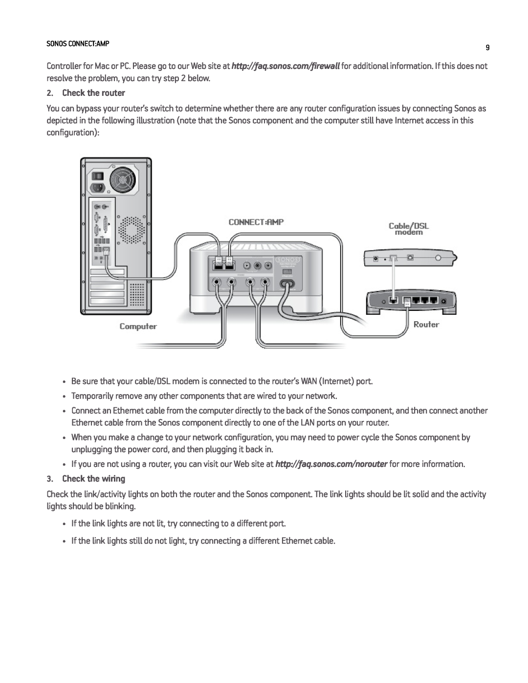 Sonos CONNECTAMP manual Check the router, Check the wiring, Sonos Connect Amp 