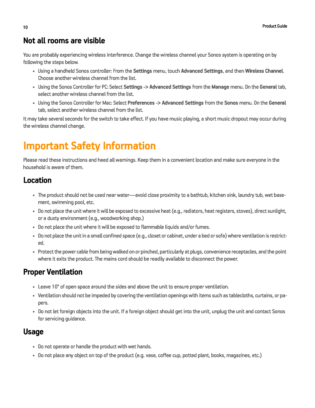Sonos CONNECTAMP manual Important Safety Information, Not all rooms are visible, Location, Proper Ventilation, Usage 