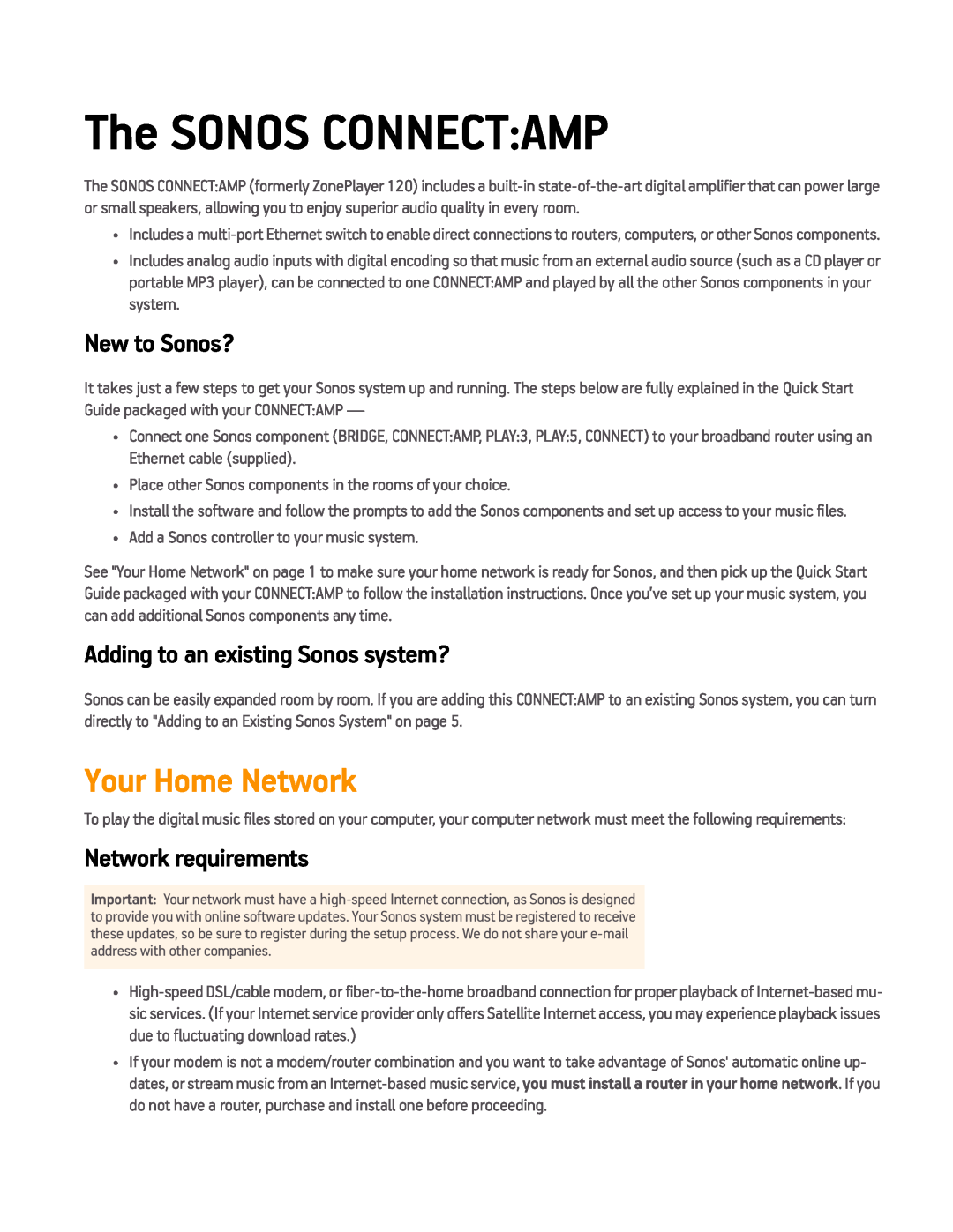 Sonos CONNECTAMP manual Your Home Network, New to Sonos?, Adding to an existing Sonos system?, Network requirements 