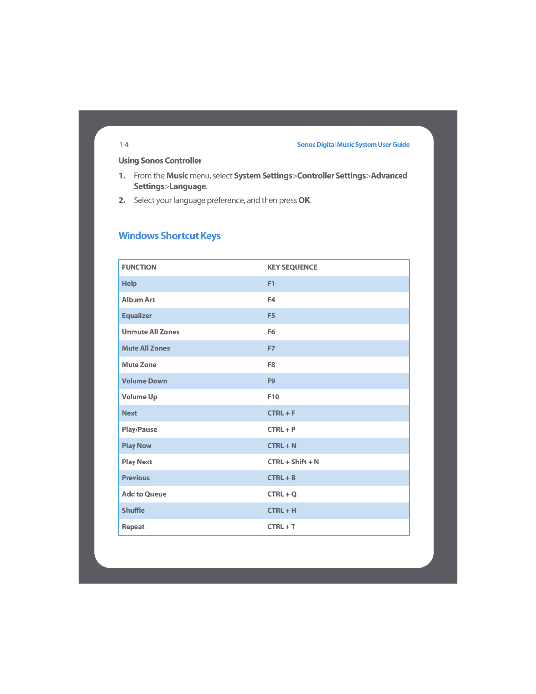 Sonos Digital Music System manual Windows Shortcut Keys, Select your language preference, and then press OK 