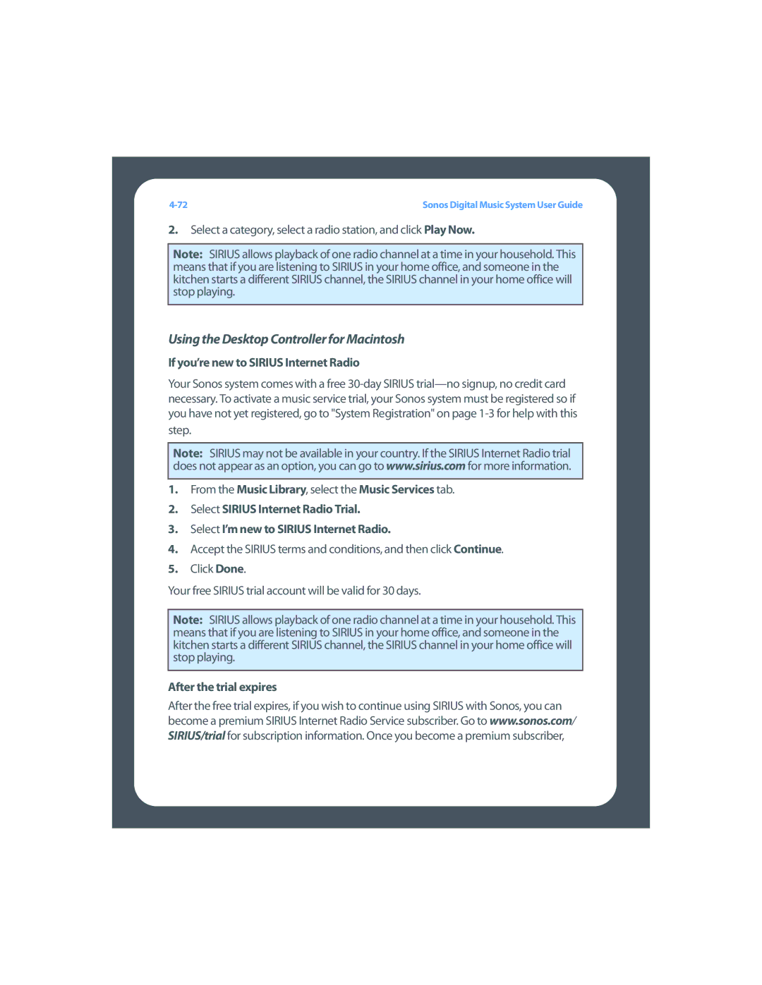 Sonos Digital Music System manual Using the Desktop Controller for Macintosh, If you’re new to Sirius Internet Radio 