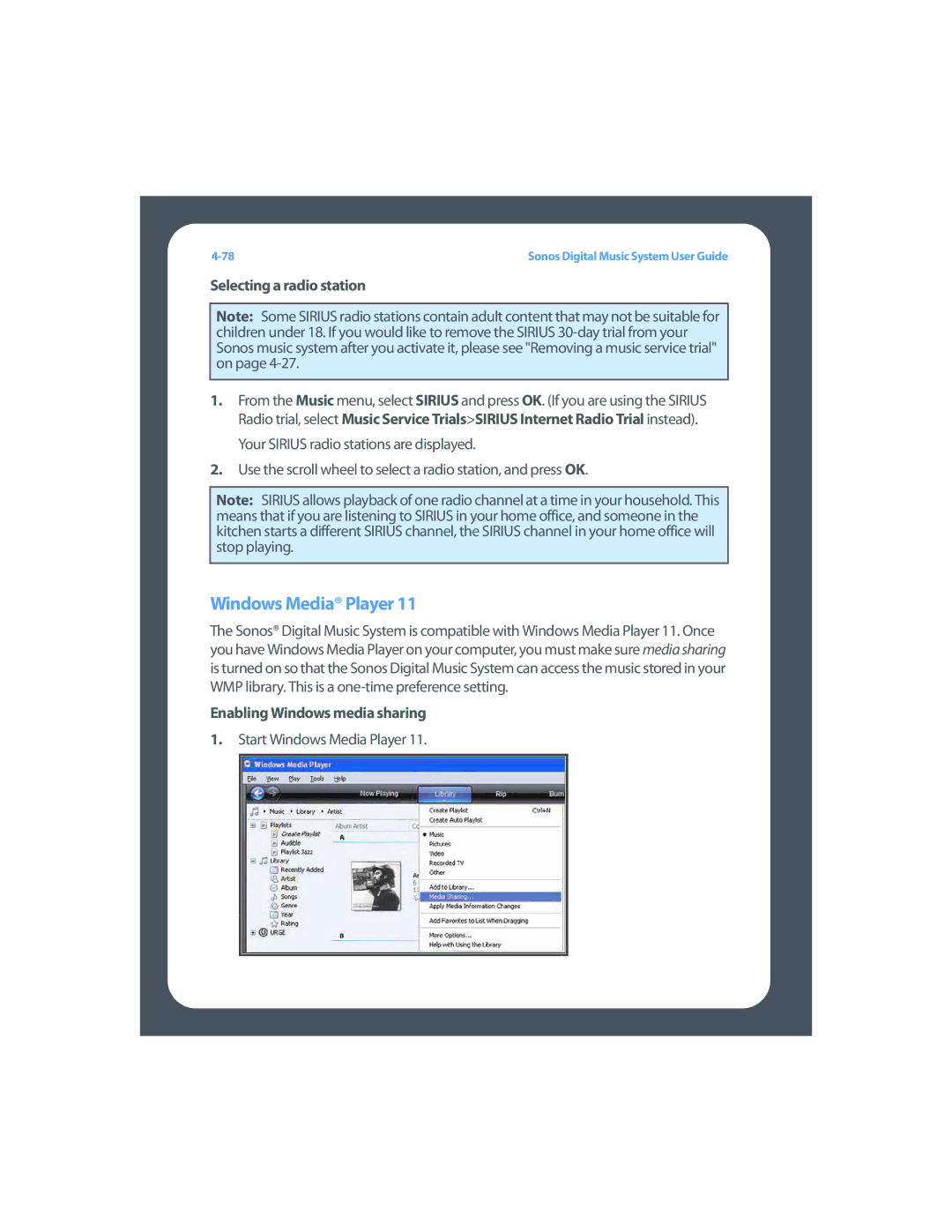 Sonos Digital Music System manual Enabling Windows media sharing, Start Windows Media Player 