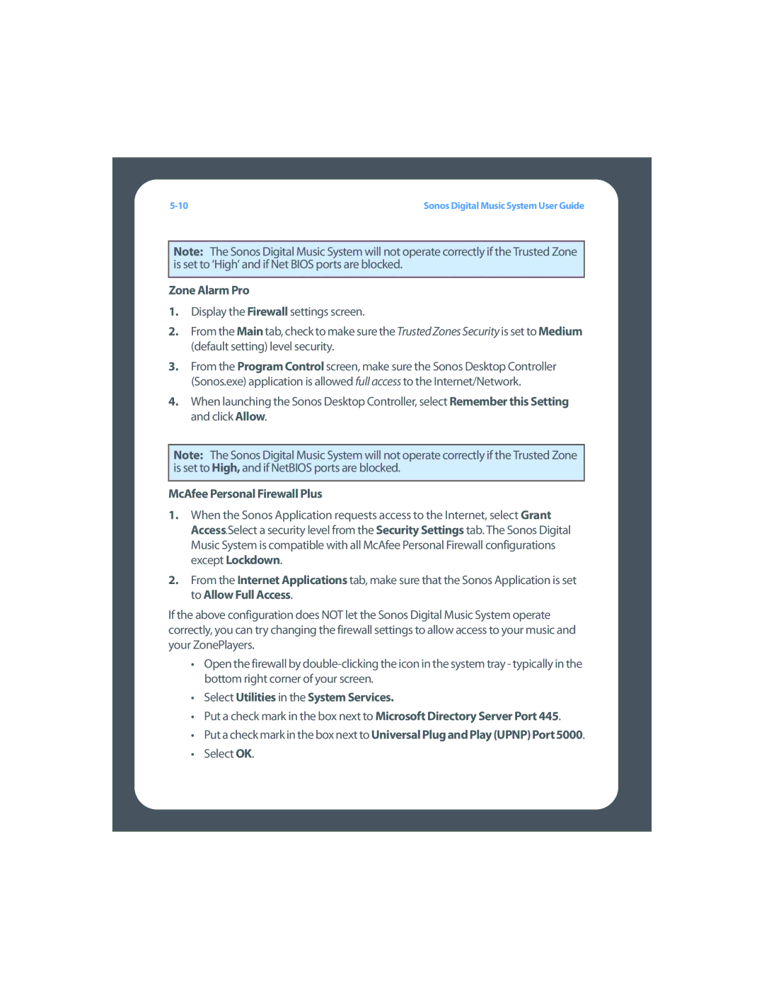 Sonos Digital Music System manual Zone Alarm Pro, McAfee Personal Firewall Plus, Select Utilities in the System Services 