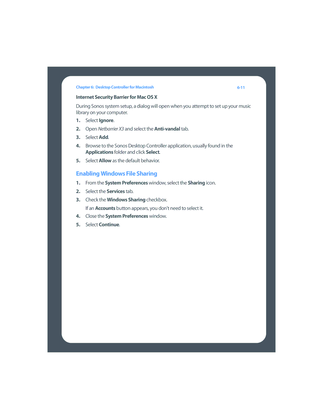 Sonos Digital Music System manual Enabling Windows File Sharing, Internet Security Barrier for Mac OS 