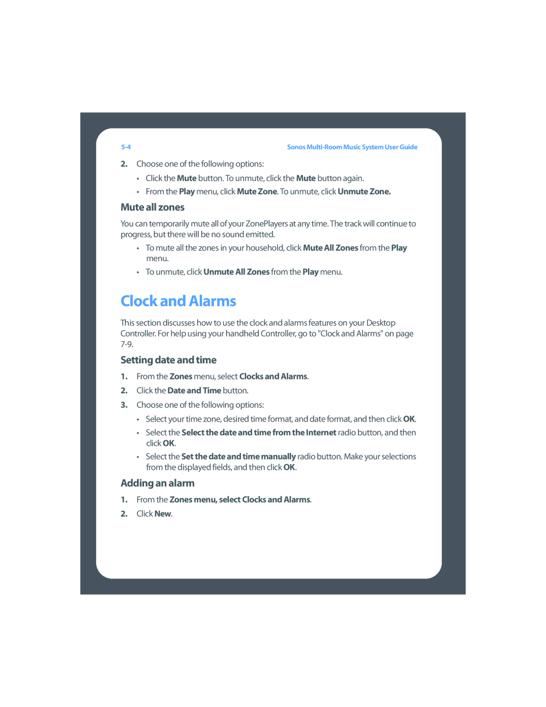 Sonos Multi-Room Music System manual Clock and Alarms, Mute all zones, Setting date and time, Adding an alarm 