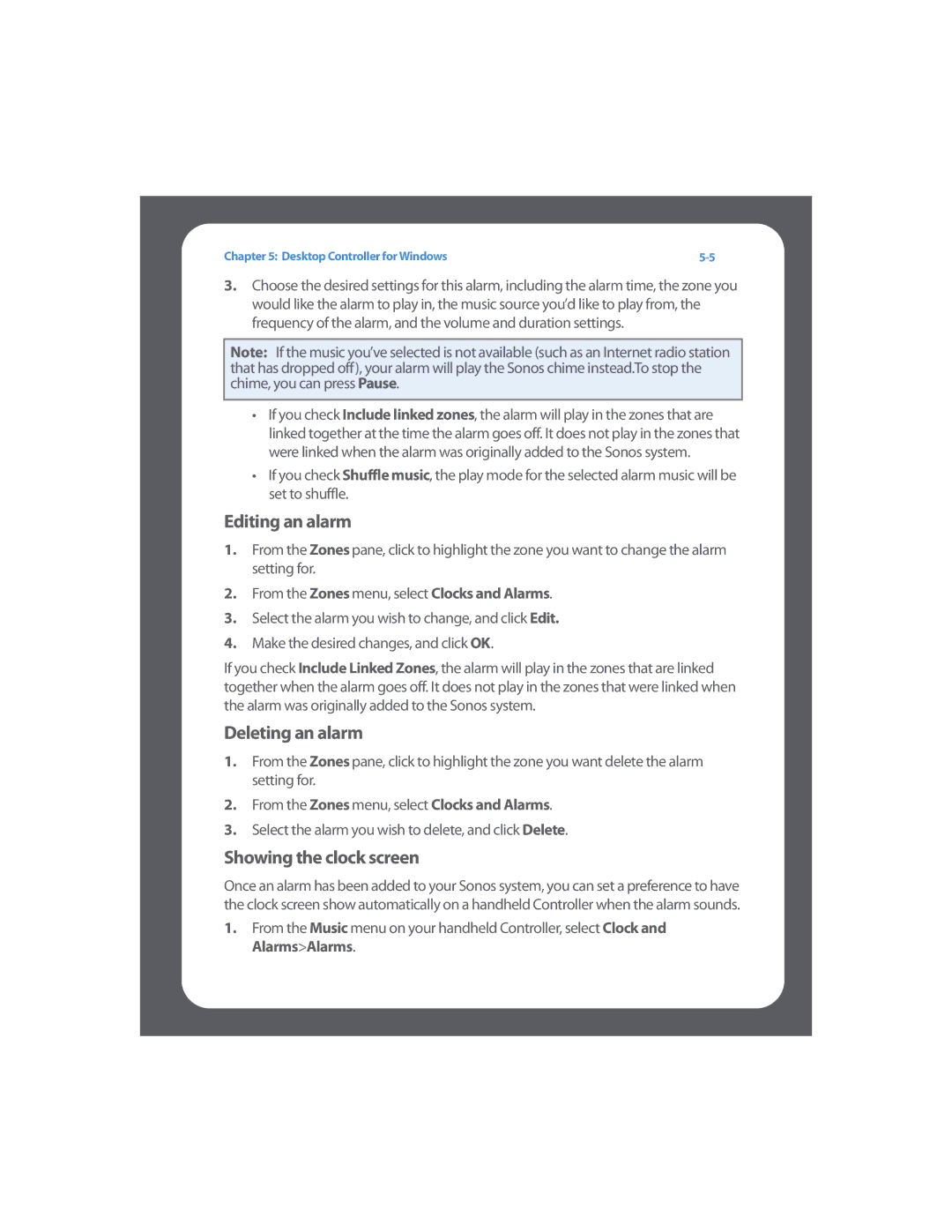 Sonos Multi-Room Music System manual Editing an alarm, Deleting an alarm, Showing the clock screen 