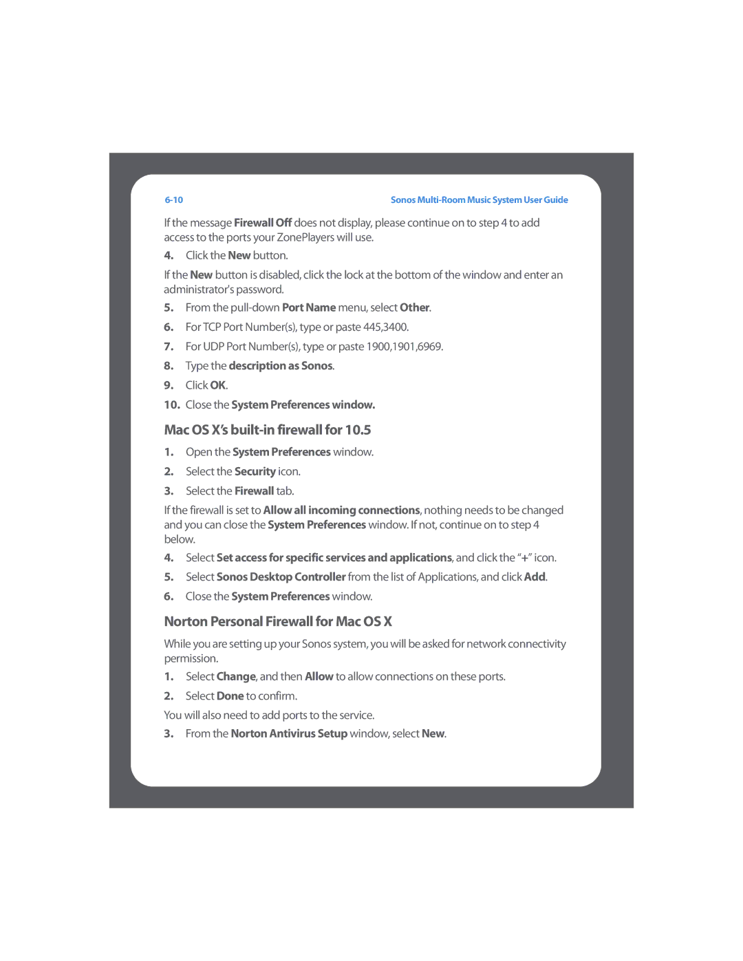 Sonos Multi-Room Music System manual Norton Personal Firewall for Mac OS, Type the description as Sonos 