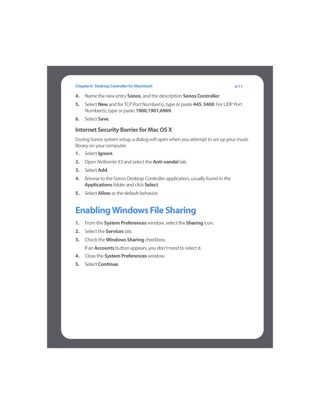 Sonos Multi-Room Music System manual Enabling Windows File Sharing, Internet Security Barrier for Mac OS 