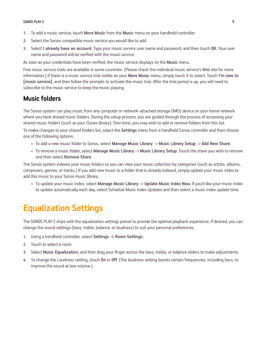Sonos PLAY3US1BLK manual Equalization Settings, Music folders 