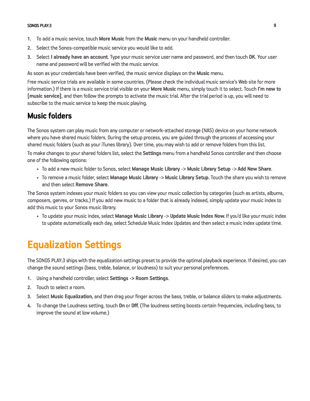 Sonos PLAY3US1BLK manual Equalization Settings, Music folders 