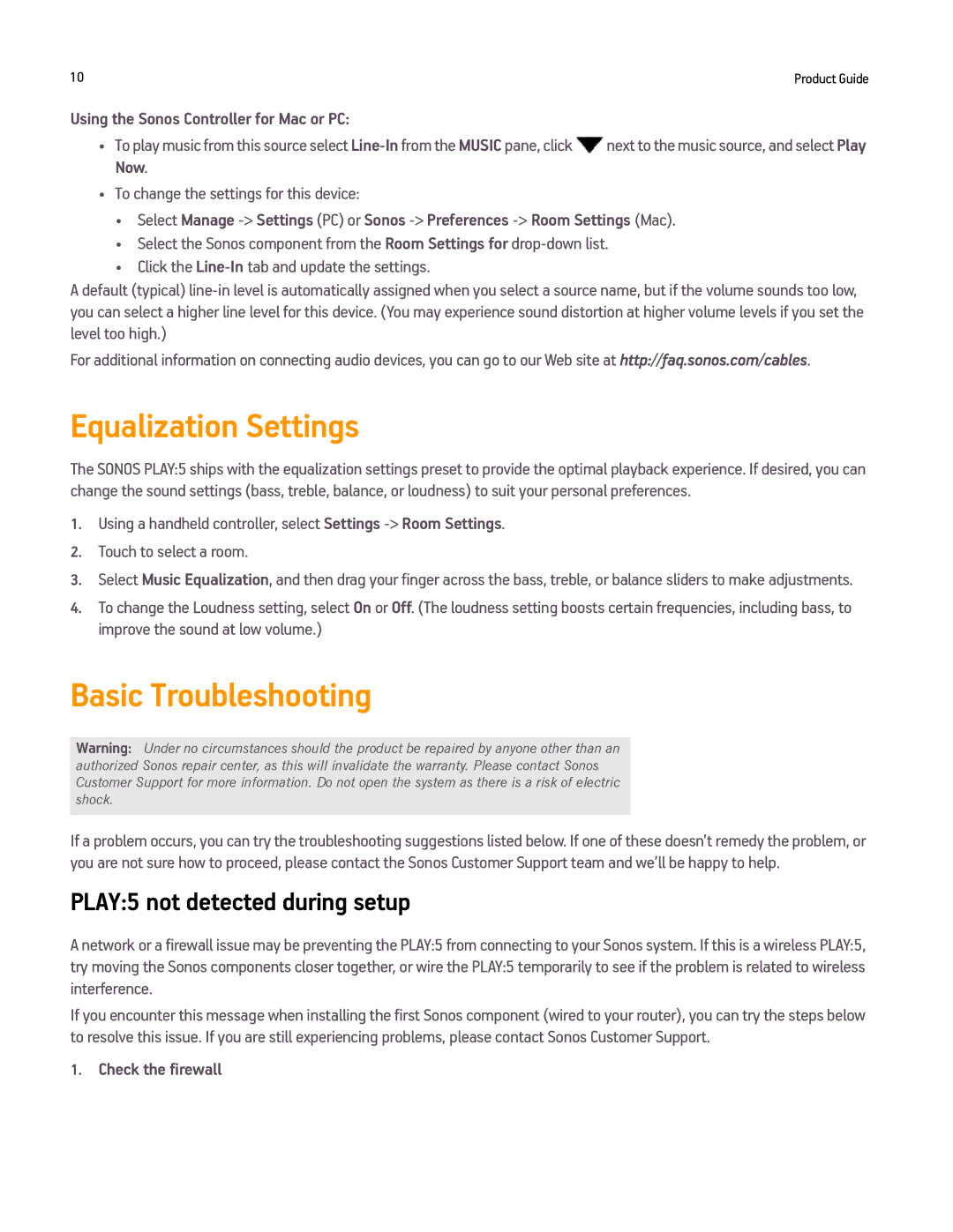 Sonos PLAY5BLACK manual Equalization Settings, Basic Troubleshooting, PLAY5 not detected during setup, Check the firewall 