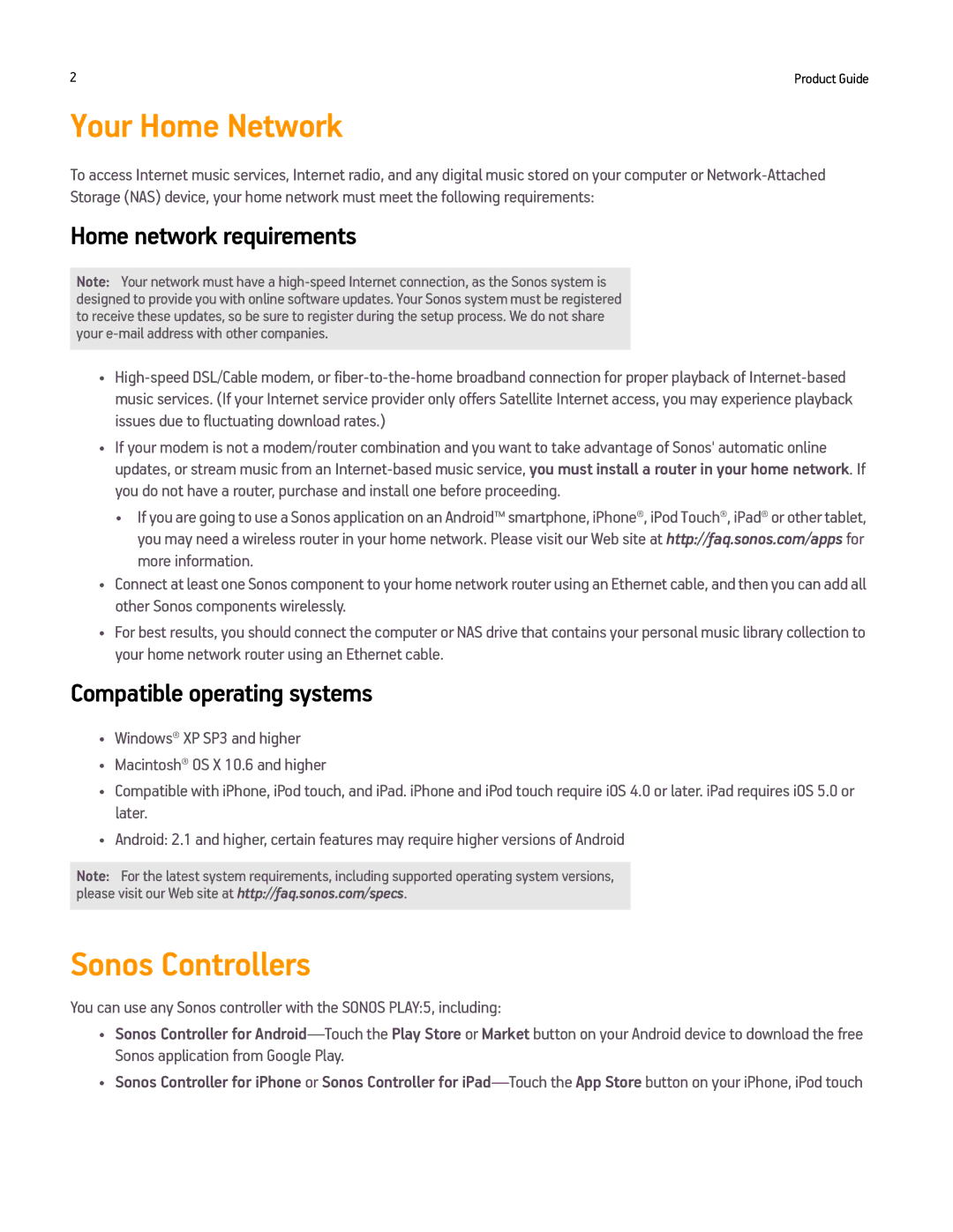 Sonos PLAY5BLACK, PLAY5WHITE Your Home Network, Sonos Controllers, Home network requirements, Compatible operating systems 