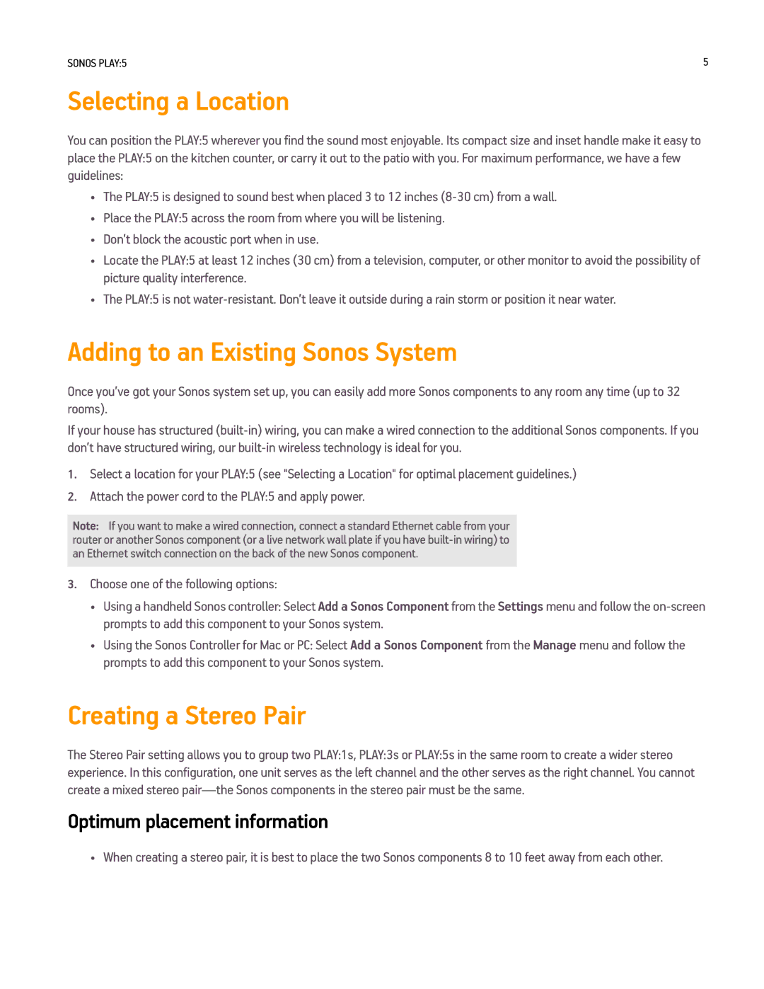 Sonos PLAY5WHITE, PLAY5BLACK manual Selecting a Location, Adding to an Existing Sonos System, Creating a Stereo Pair 