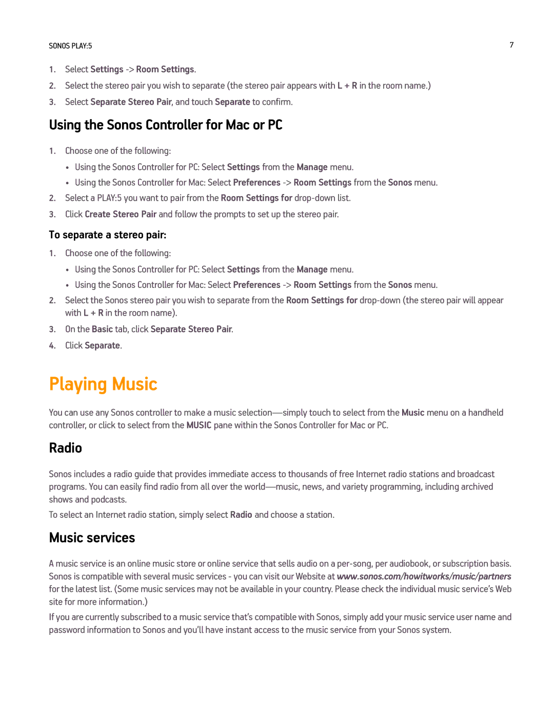 Sonos PLAY5WHITE, PLAY5BLACK manual Playing Music, Using the Sonos Controller for Mac or PC, Radio, Music services 