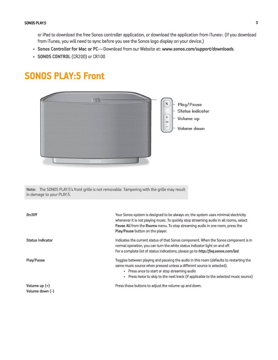 Sonos PLAY5WHITE SONOS PLAY 5 Front, Sonos Play, On/Off, Play/Pause button on the player, Status indicator, Volume up + 