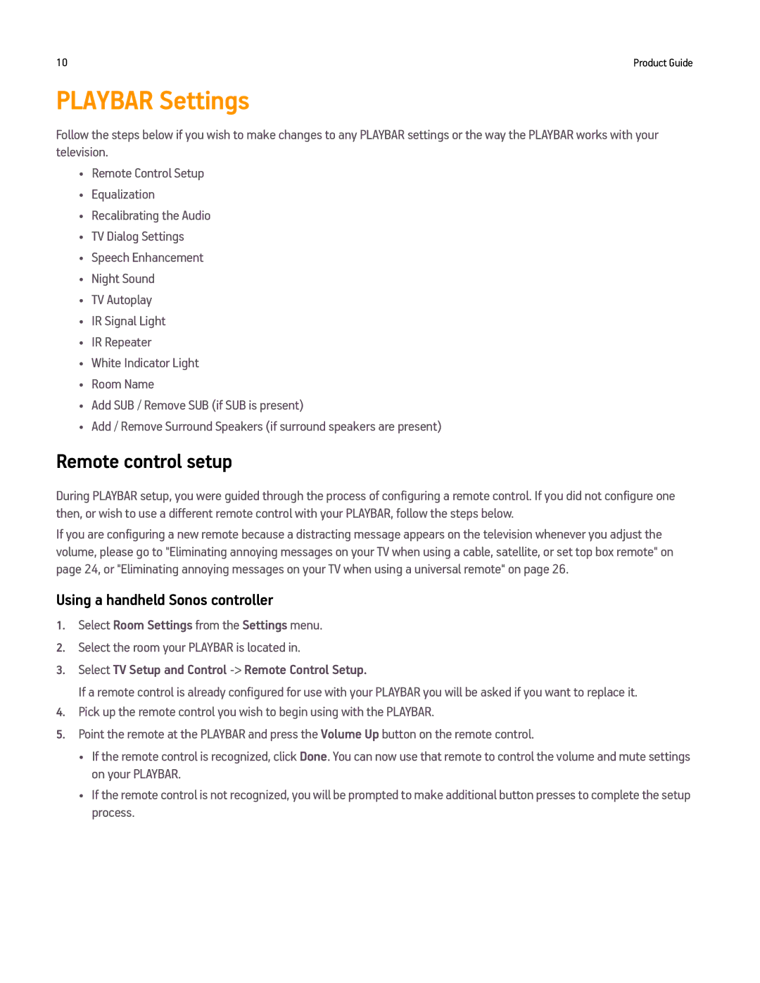 Sonos PLAYBAR manual Playbar Settings, Remote control setup, Using a handheld Sonos controller 