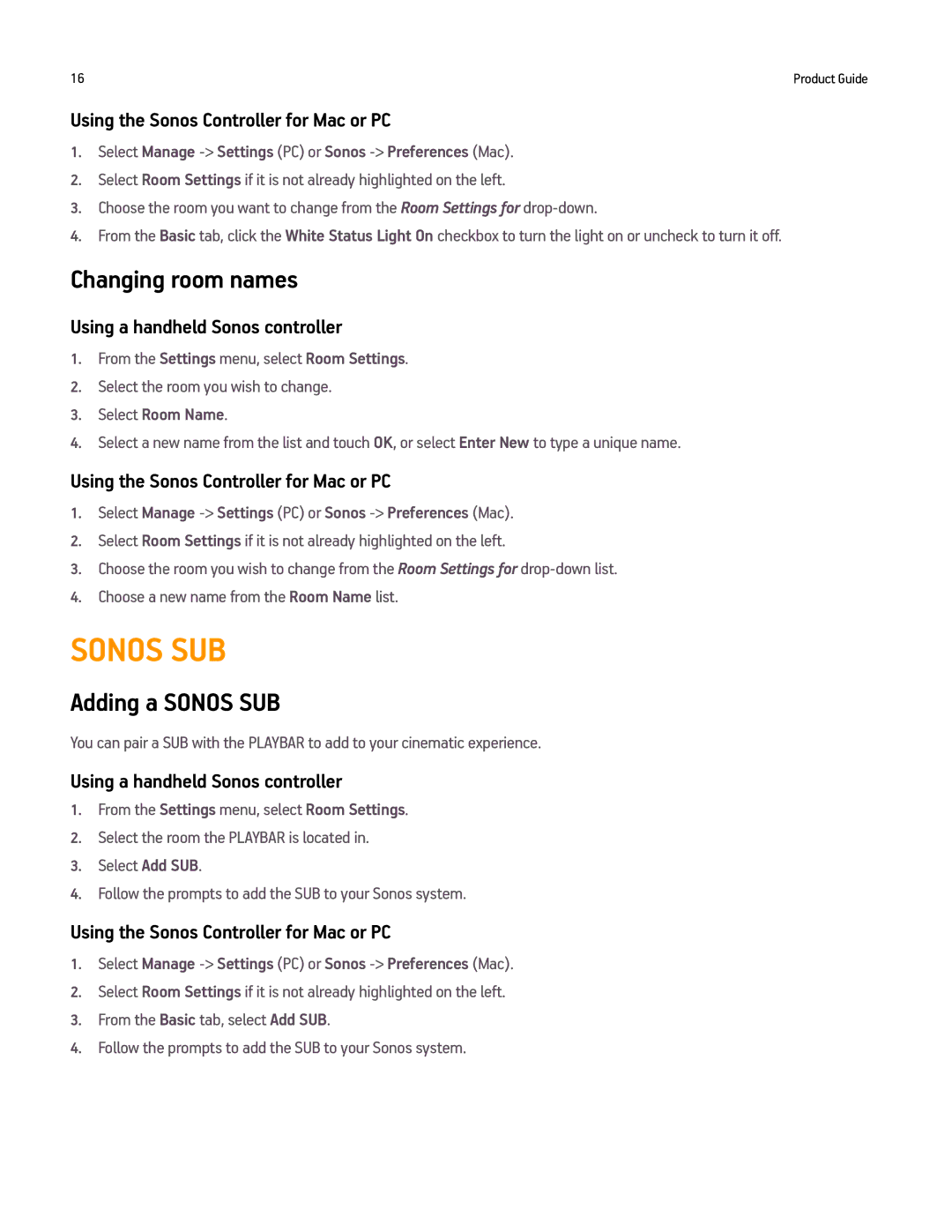 Sonos PLAYBAR manual Changing room names, Adding a Sonos SUB, Select Room Name 