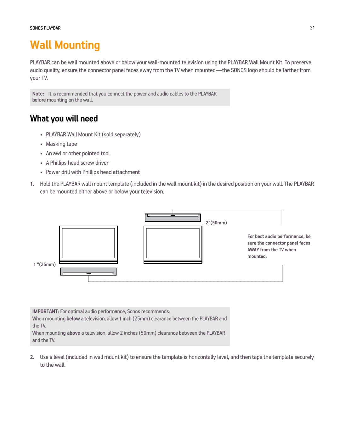 Sonos PLAYBAR manual Wall Mounting, What you will need 