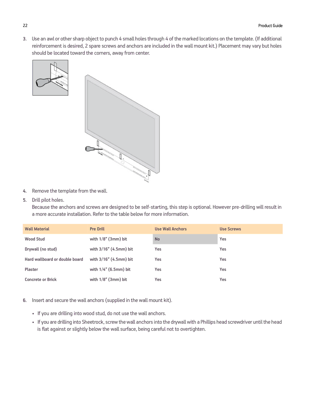 Sonos PLAYBAR manual Remove the template from the wall Drill pilot holes 