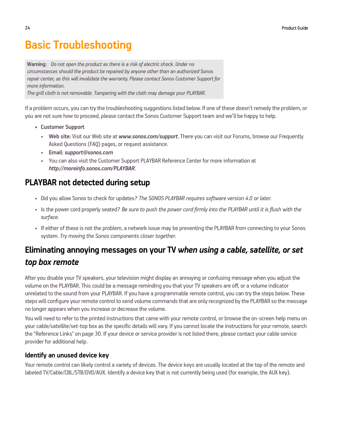 Sonos PLAYBAR Basic Troubleshooting, Playbar not detected during setup, Identify an unused device key, Customer Support 