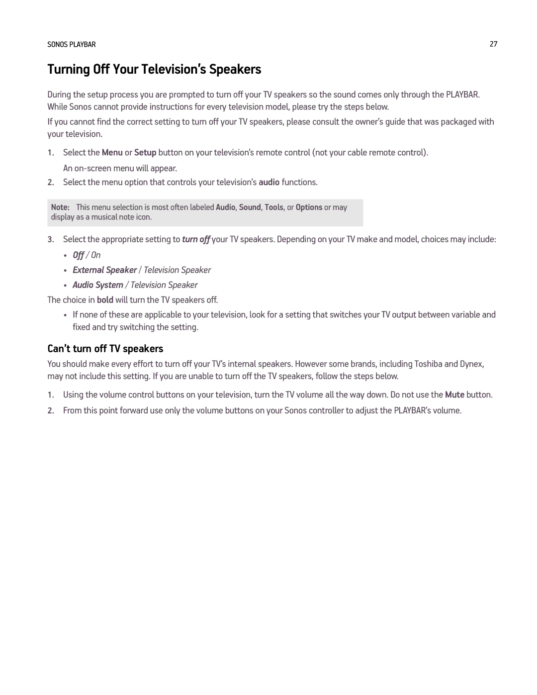Sonos PLAYBAR manual Turning Off Your Television’s Speakers, Can’t turn off TV speakers 
