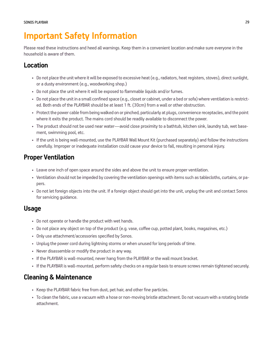 Sonos PLAYBAR manual Important Safety Information, Location, Proper Ventilation, Usage, Cleaning & Maintenance 