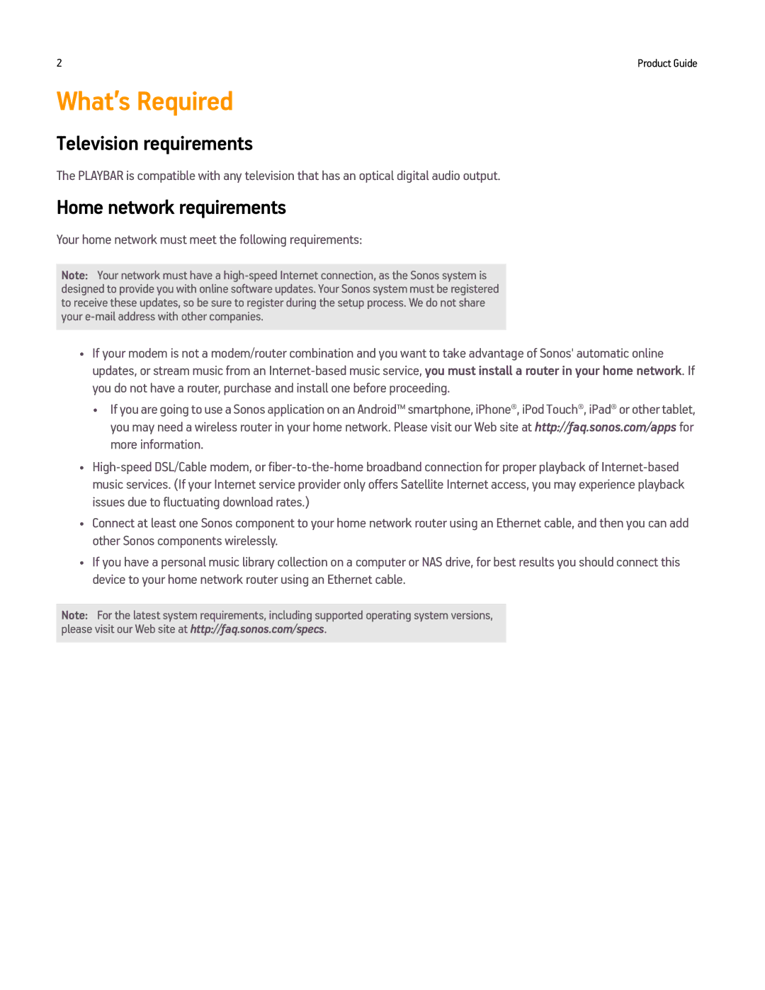 Sonos PLAYBAR manual What’s Required, Television requirements, Home network requirements 