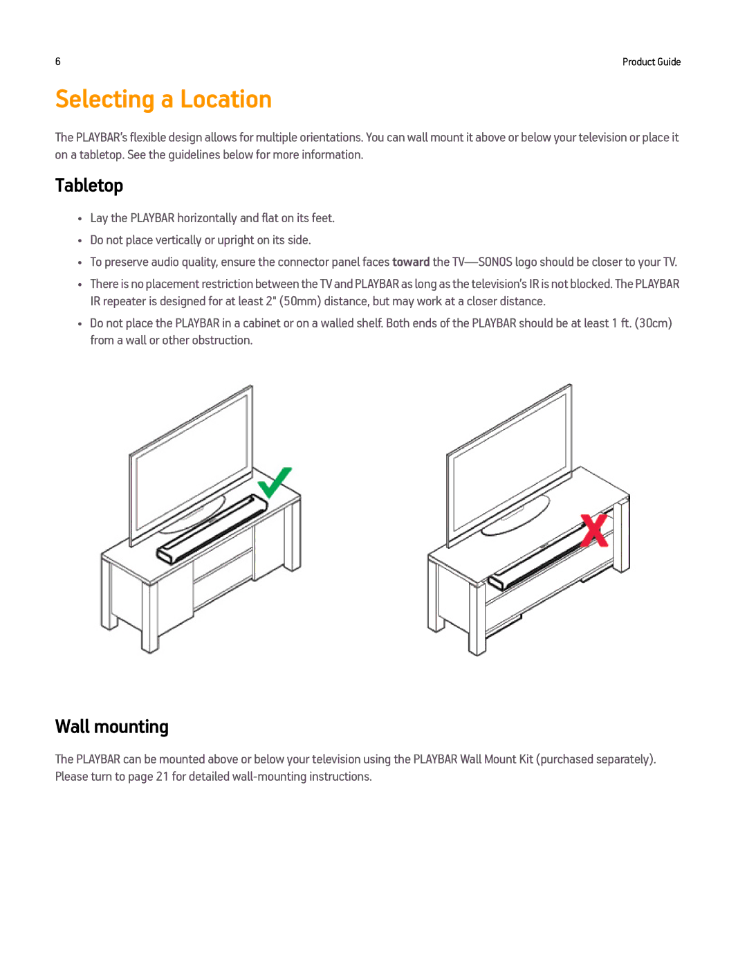 Sonos PLAYBAR manual Selecting a Location, Tabletop, Wall mounting 