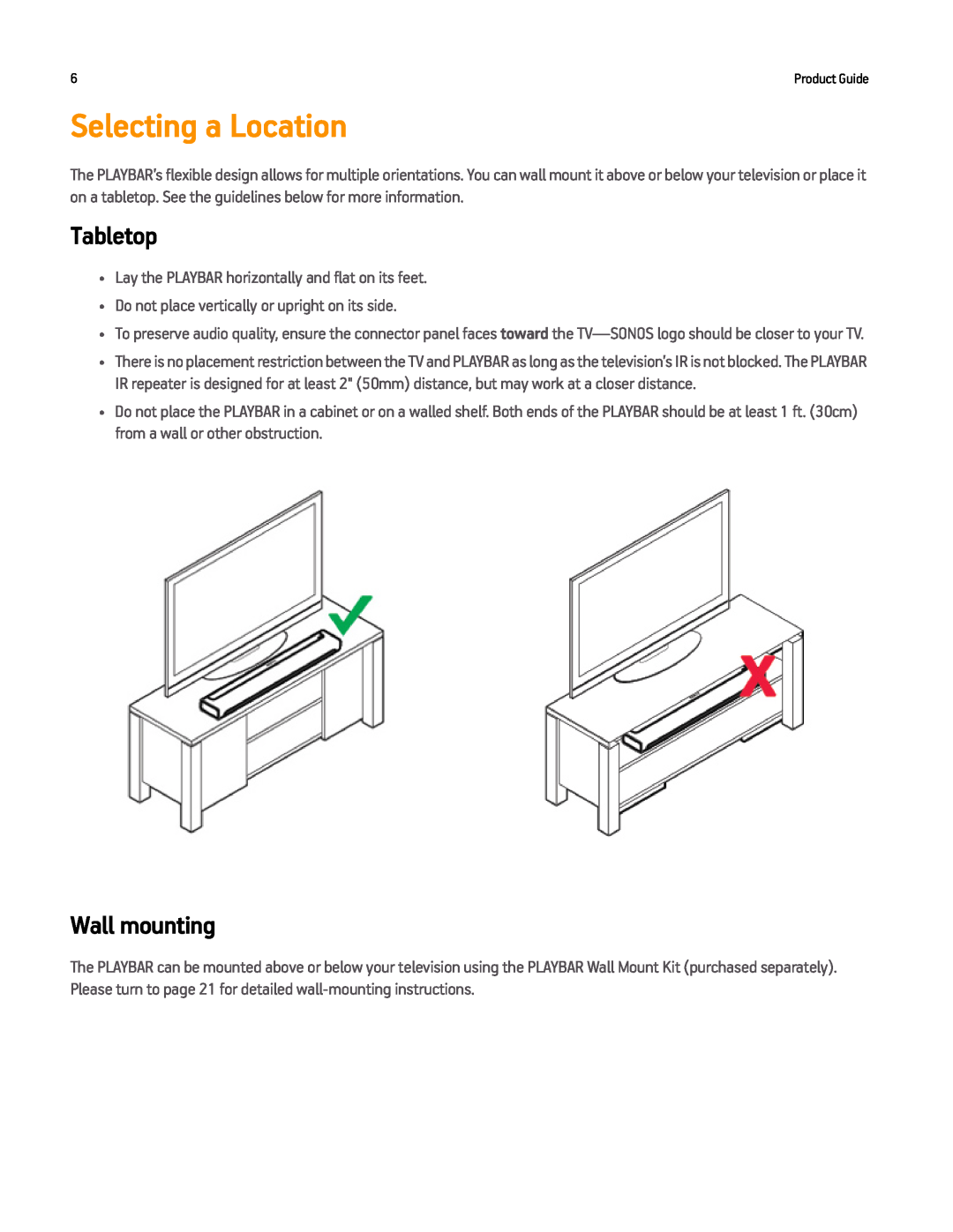 Sonos PLAYBAR manual Selecting a Location, Tabletop, Wall mounting 
