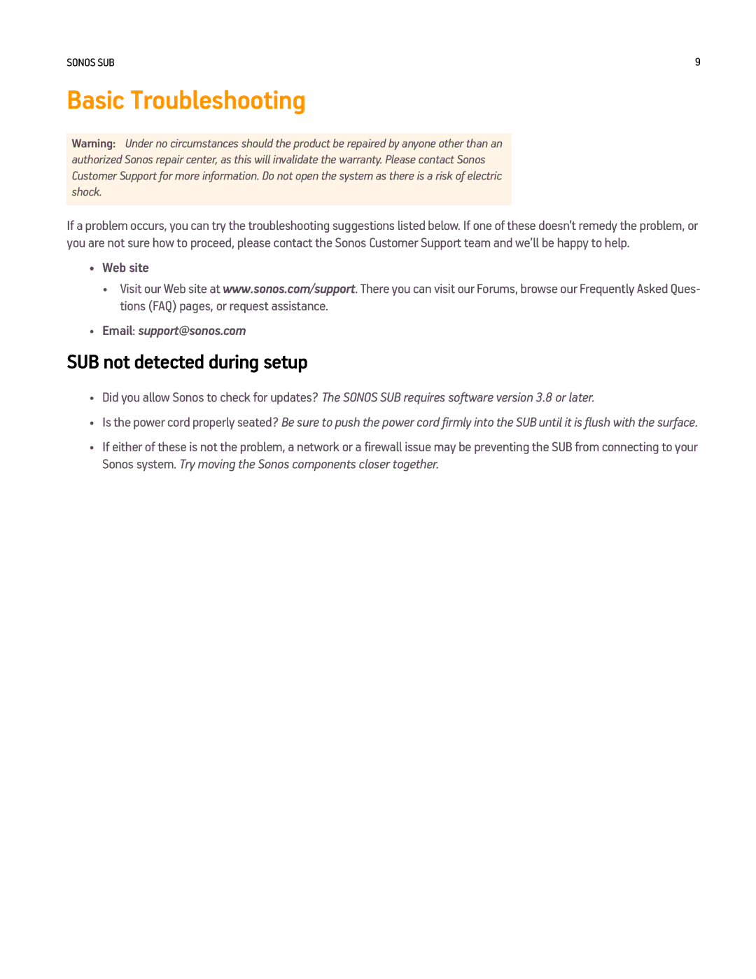 Sonos Q2 manual Basic Troubleshooting, SUB not detected during setup, Web site 