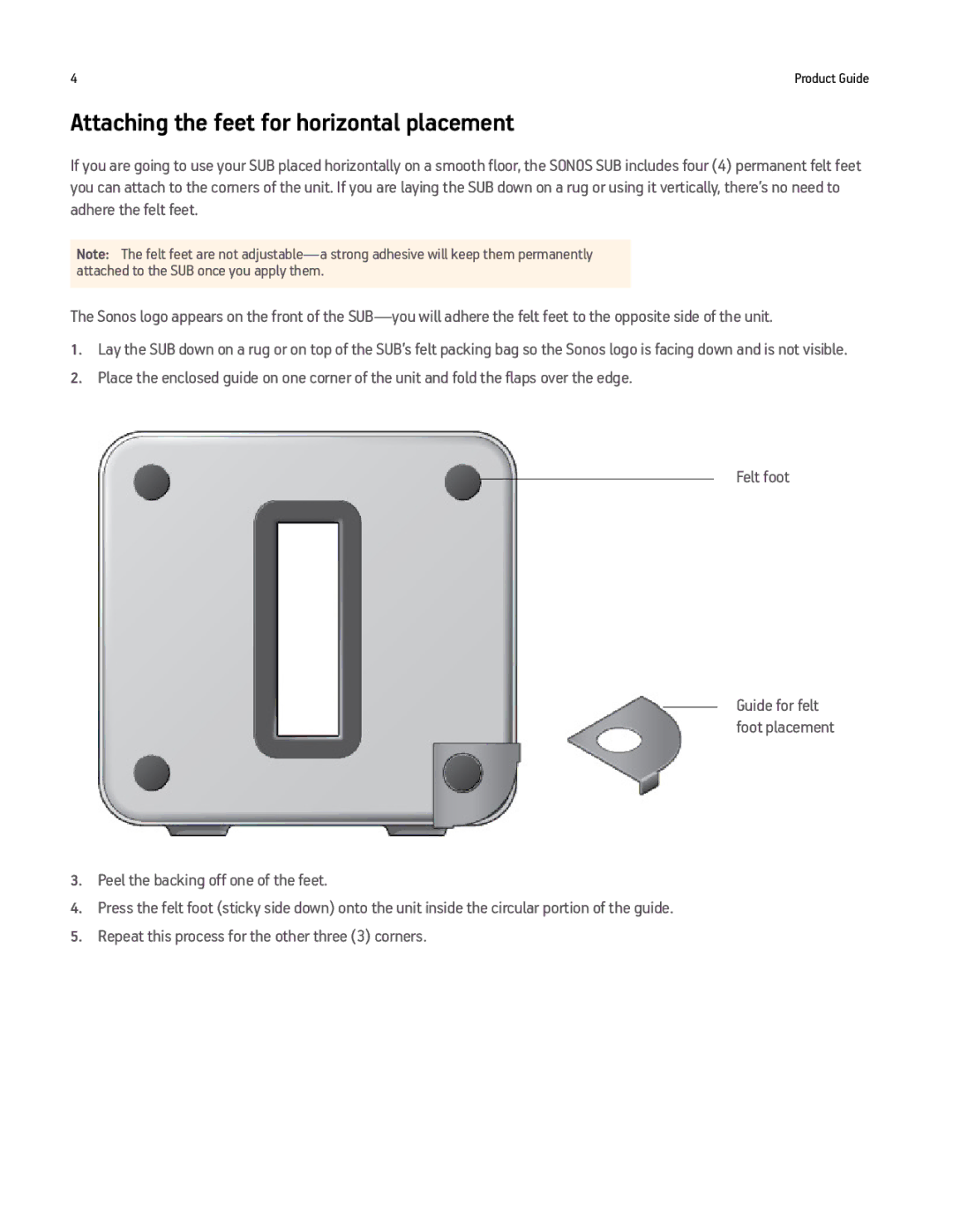 Sonos Q2 manual Attaching the feet for horizontal placement 