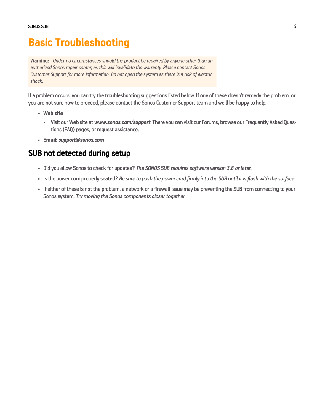 Sonos Q2 manual Basic Troubleshooting, SUB not detected during setup 