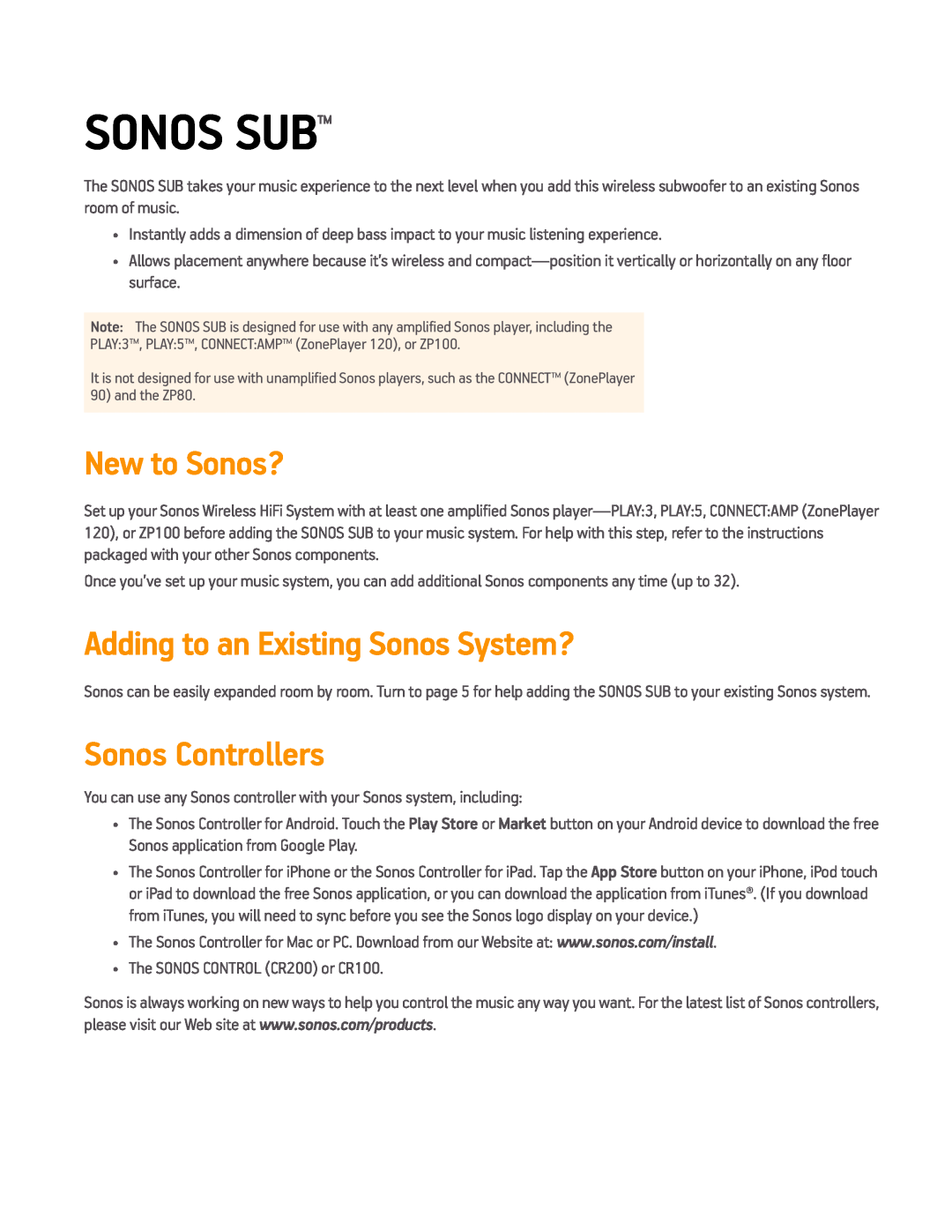 Sonos Q2 manual New to Sonos?, Adding to an Existing Sonos System?, Sonos Controllers, Sonos Subtm 