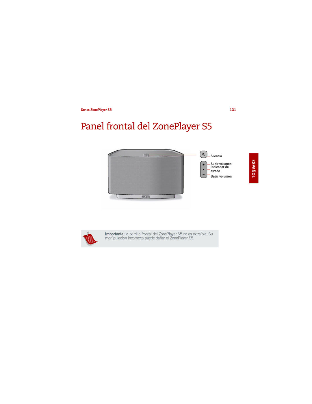 Sonos manual Panel frontal del ZonePlayer S5, Bajar volumen 