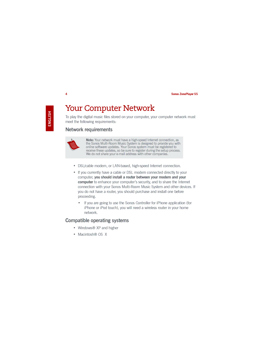 Sonos S5 manual Your Computer Network, Network requirements, Compatible operating systems 