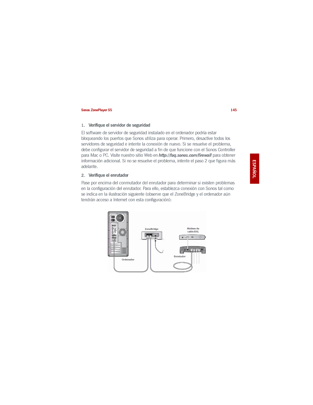 Sonos S5 manual Verifique el servidor de seguridad Verifique el enrutador 